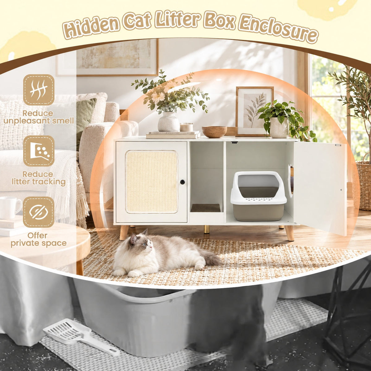 Airfind 43 Inches Cat Litter Box Enclosure with Double Rooms and 2 Sisal Scratching Mats, Engineered Board Frame, 43 x 20 x 24 Footprint, White