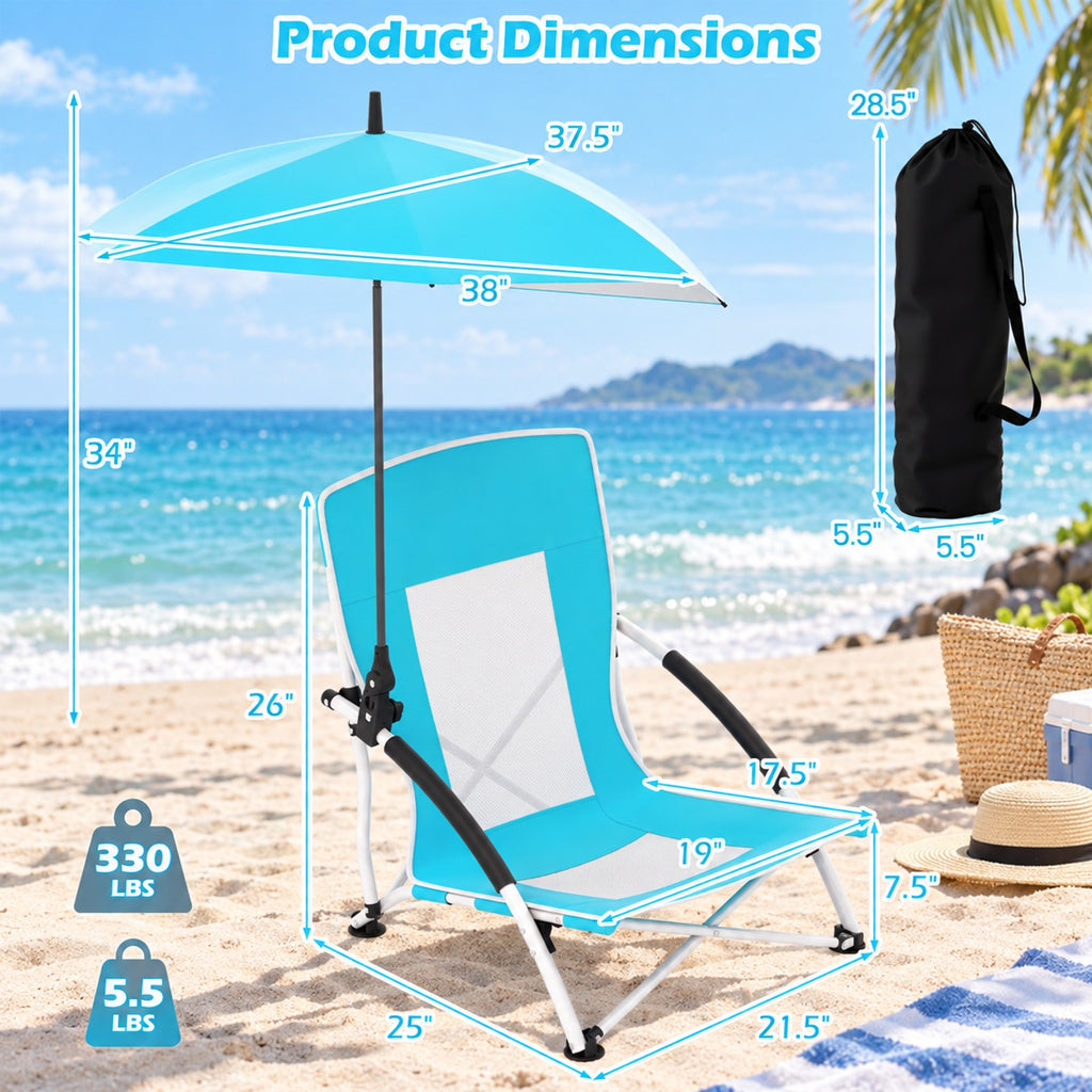 AIRFIND Beach Chair with Adjustable Clamp-On Umbrella, Folding Frame, Mesh Panels, Padded Armrests and Carry Bag, Blue