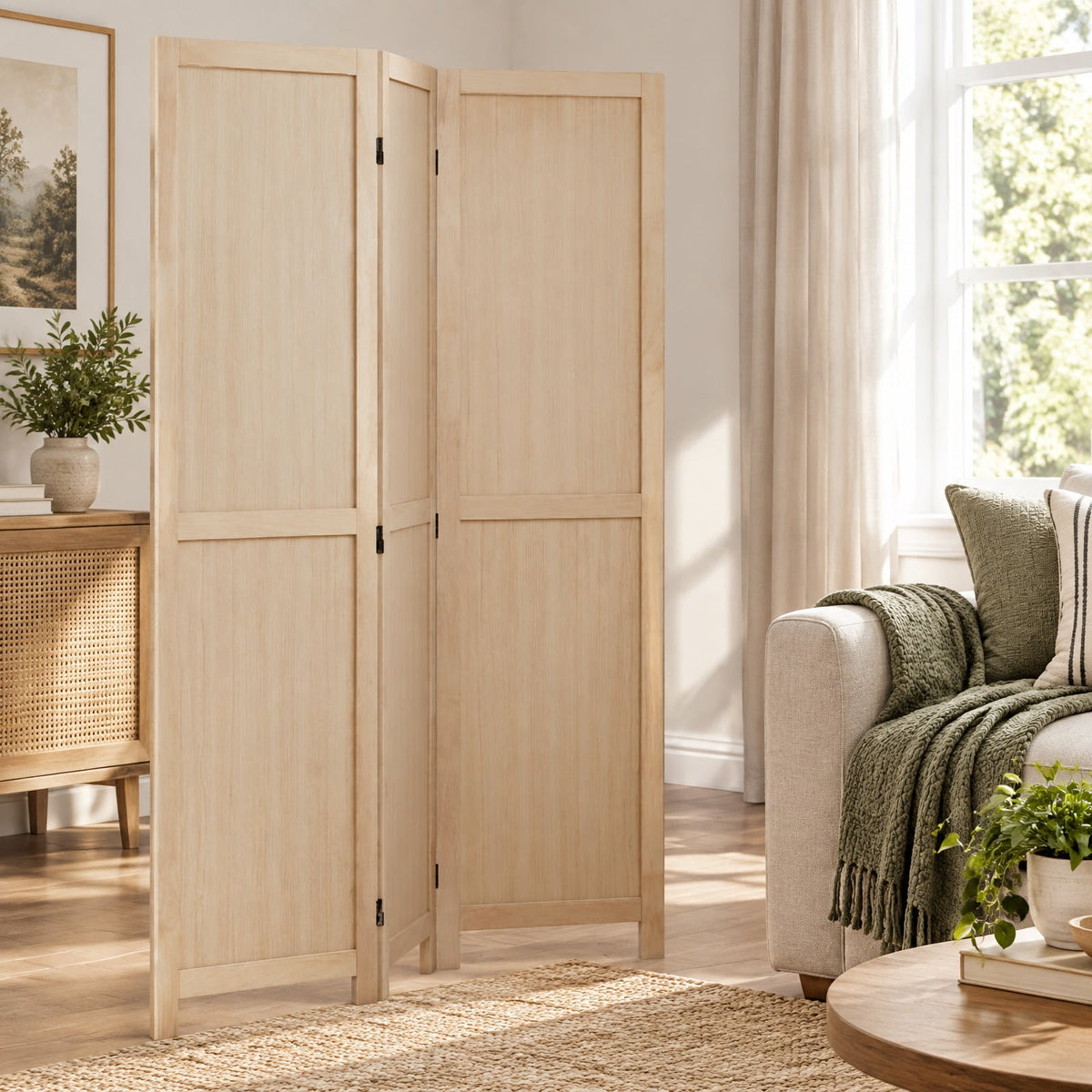 Airfind 3 Panel Folding Room Divider for Home Office Bedroom Restaurant, 53in x 67inFolded Footprint, Beige