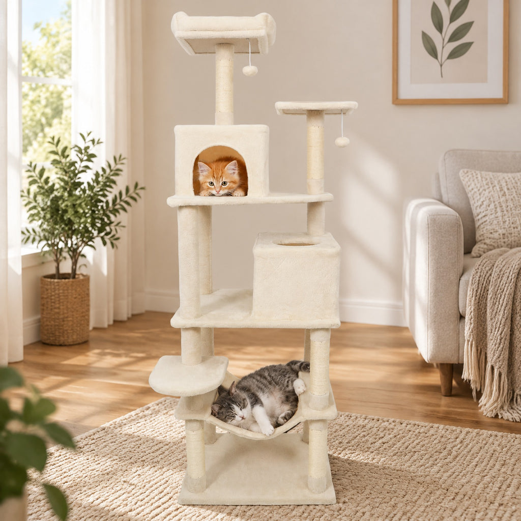 Airfind Multi-level Cat Tree Modern Cat Tower with Upholstered Perch and 2 Cat Condo, 24 x 18.5 Footprint, Beige