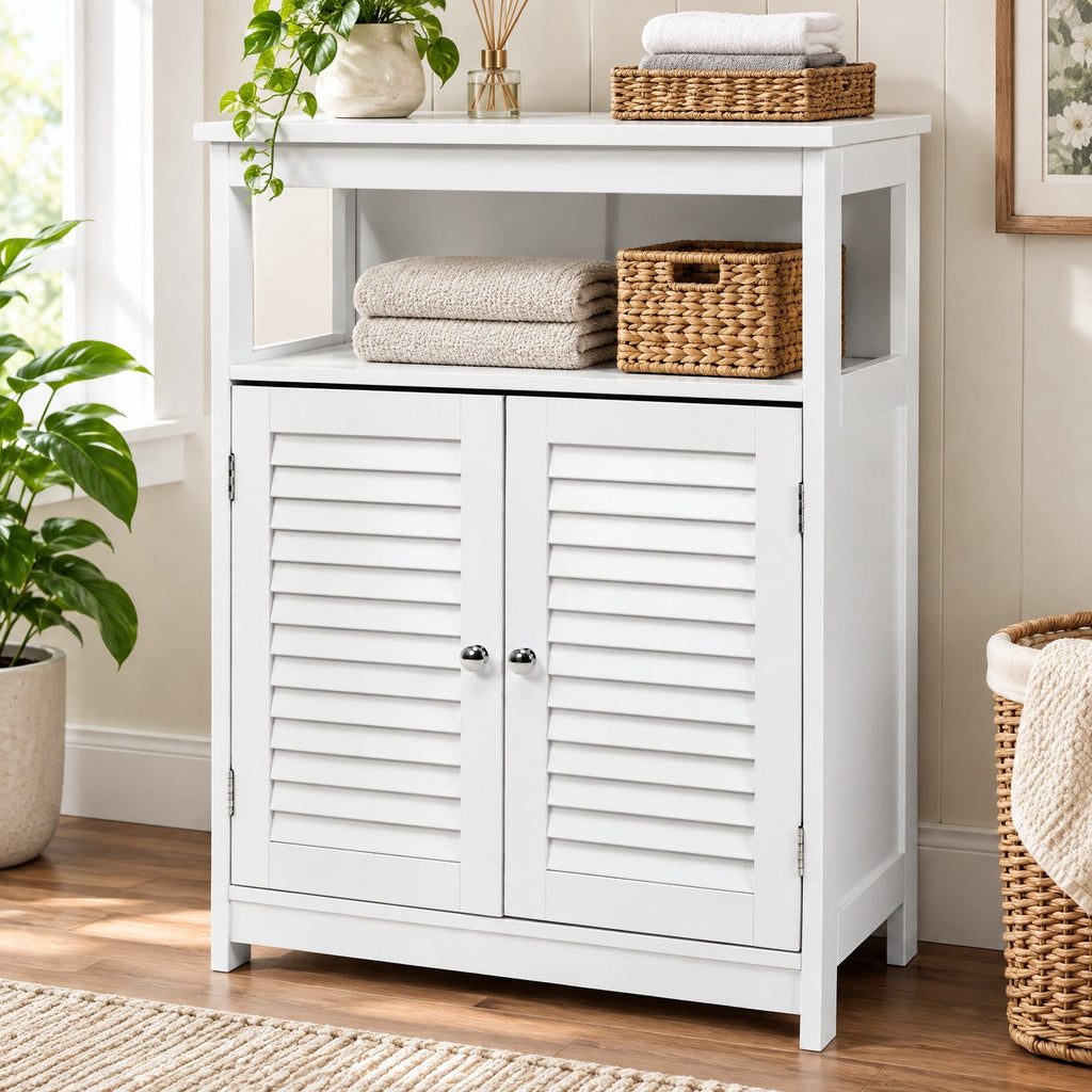 Airfind Wood Freestanding Bathroom Storage Cabinet with Double Shutter Door, 77 lbs Capacity, P2 MDF Frame, 23.5in x 12in x 31.5in Footprint, White
