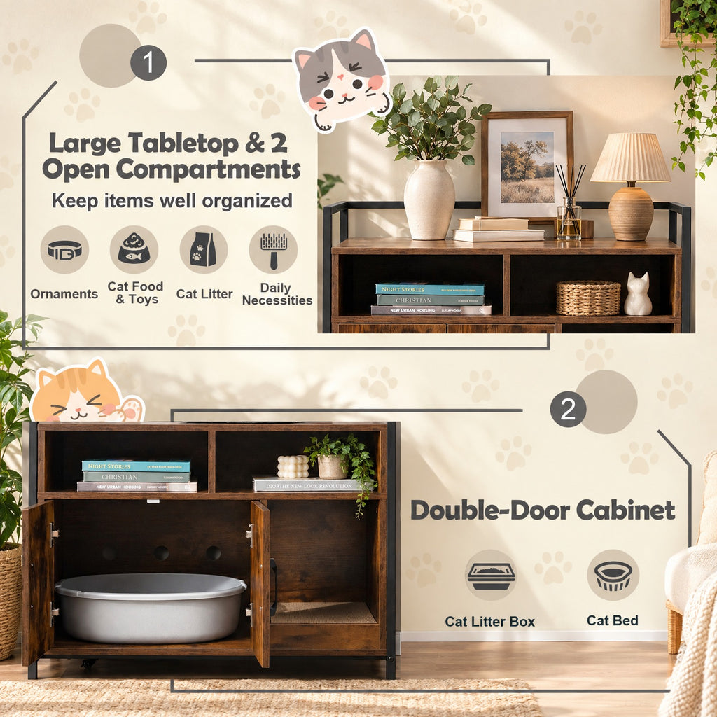 Airfind Hidden Cat Washroom with Double Doors and Scratch Cardboard, MDF Metal Frame, 35 x 17.5 x 29.5 Compartment Footprint, Coffee