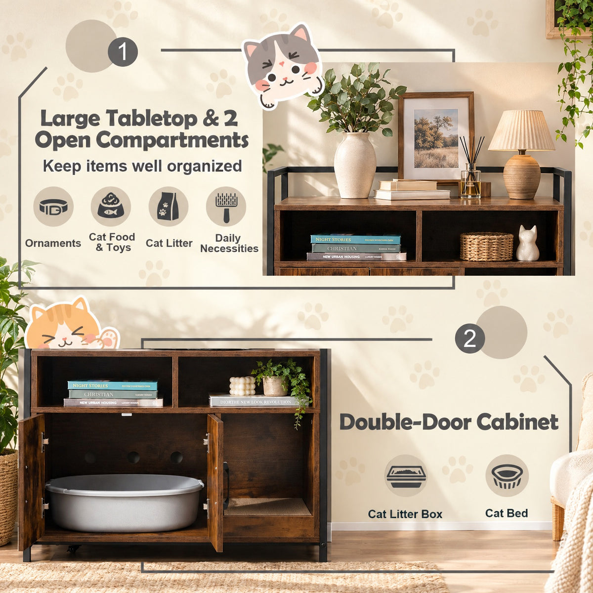 Airfind Hidden Cat Washroom with Double Doors and Scratch Cardboard, MDF Metal Frame, 35 x 17.5 x 29.5 Compartment Footprint, Coffee