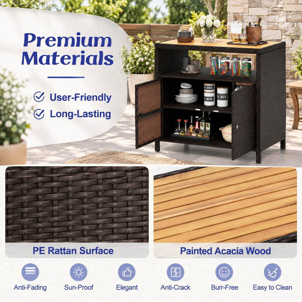 Airfind Rattan Storage Cabinet with Acacia Wood Countertop for Poolside Deck and Patio, 100 lbs Capacity, PE Rattan Acacia Wood Metal Frame, Brown