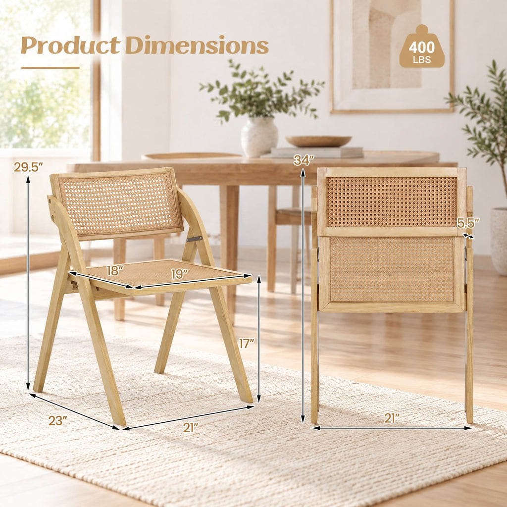 Airfind Foldable Dining Chairs Set of 2 with Woven Rattan Backrest, 400 lbs Capacity, Rubber Wood Plywood Plastic Frame, 23 Inch x 21 Inch x 29.5 Inch Footprint