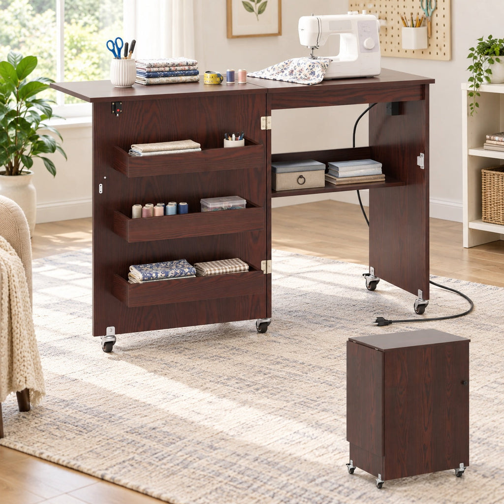 AIRFIND Sewing Table with Folding Worktop, Charging Station, Storage Shelves and Five Casters, 45.5 in Craft Cabinet, Brown