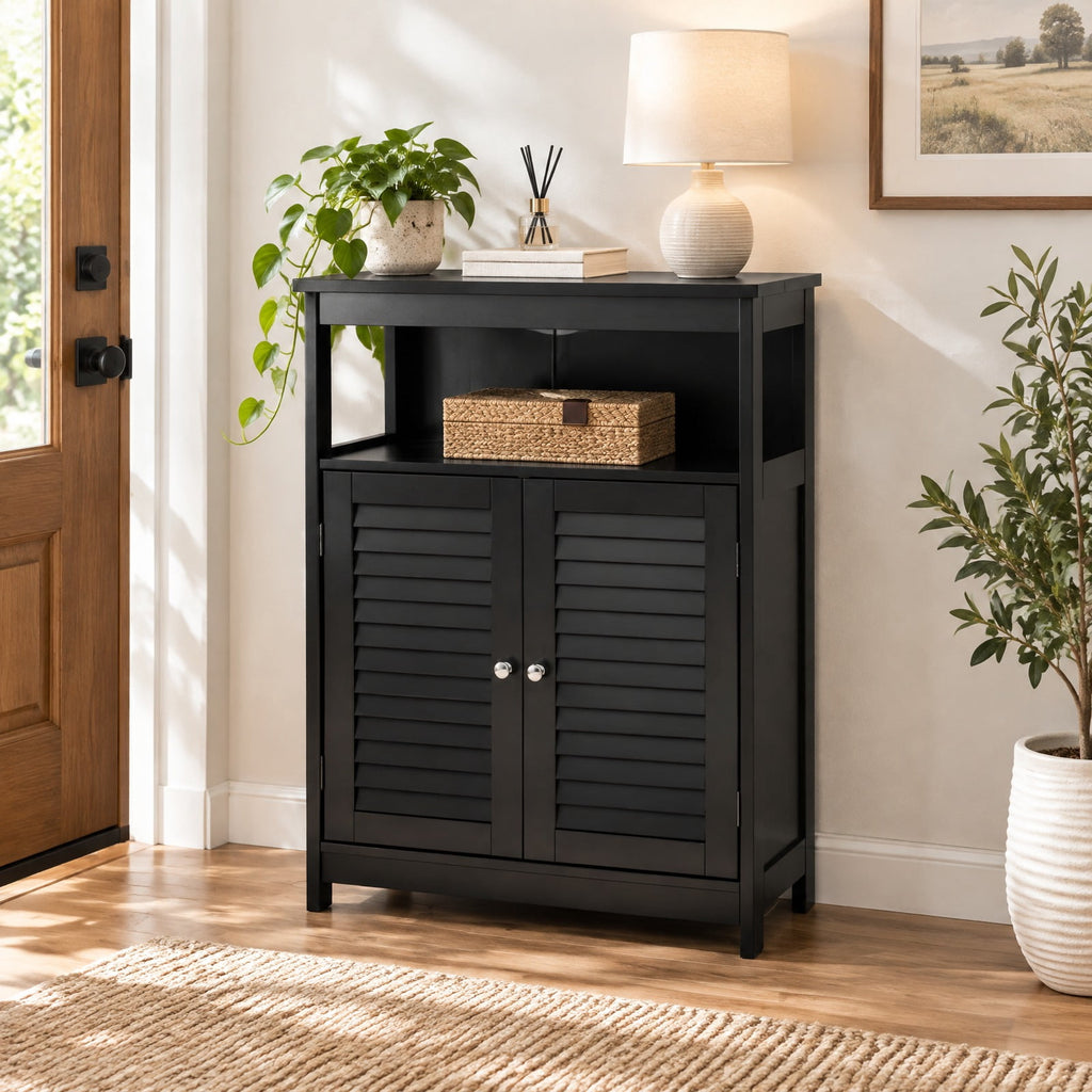 Airfind Wood Freestanding Bathroom Storage Cabinet with Double Shutter Door, 77 lbs Capacity, P2 MDF Frame, 23.5in x 12in x 31.5in Footprint, Black