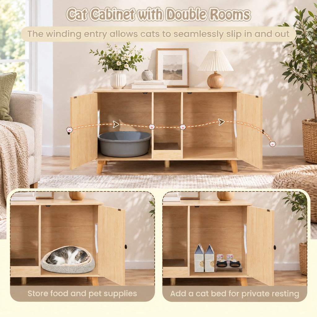 Airfind 43 Inches Cat Litter Box Enclosure with Double Rooms and 2 Sisal Scratching Mats, Engineered Board Frame, 43 x 20 x 24 Footprint, Natural