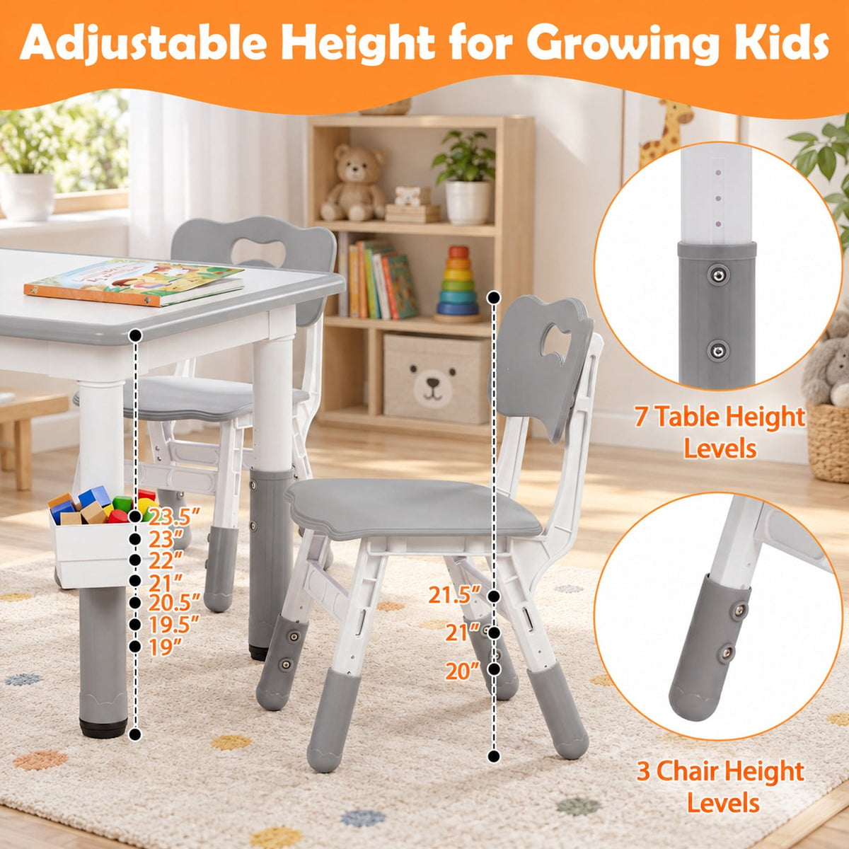 Airfind Height Adjustable Kids Table and 4 Chairs Set with Graffiti Desktop and 2 Storage Baskets, 220 lbs Capacity, Engineered Wood PP Frame, Gray