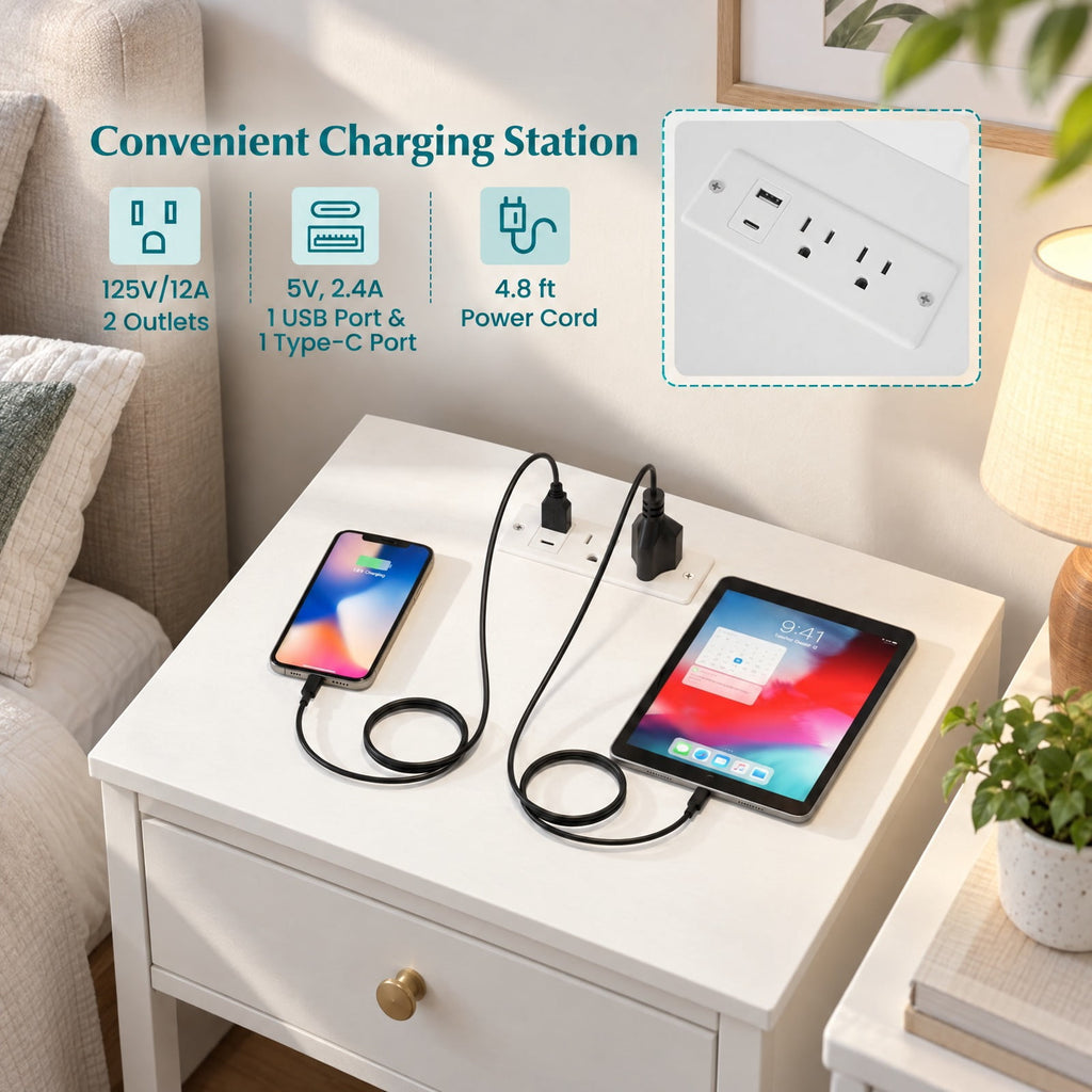 Airfind Nightstand with Charging Station and Adjustable Fabric Drawer for Bedroom and Living Room-1 Piece, 44 lbs Capacity, White and Gold
