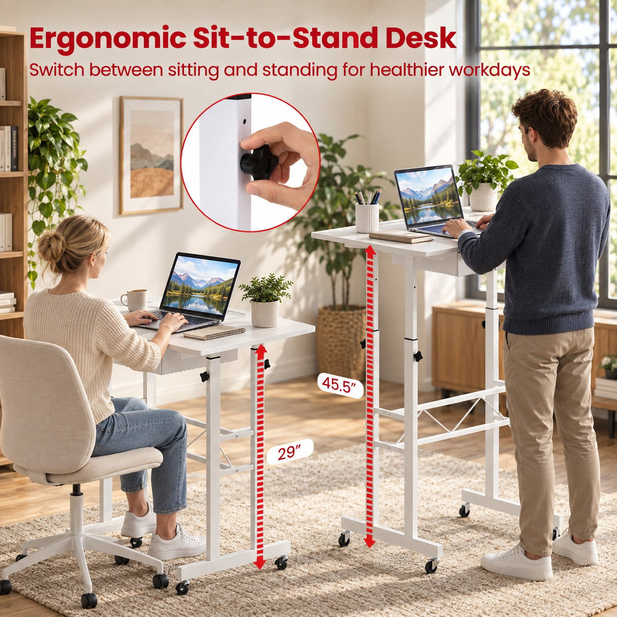 Airfind Height Adjustable Laptop Desk with Fabric Drawer Tablet Holder and Lockable Wheels, 45 lbs Capacity, 31.5 x 20 x 29-45.5 Footprint