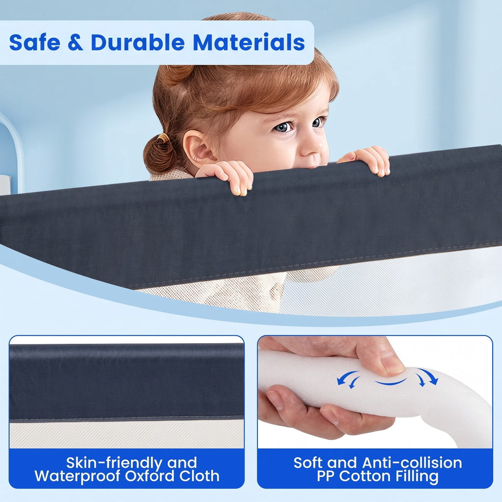 Airfind 71-Inch Foldable Bed Rail Swing Down Baby Bed Guard Rail with Adjustable Safety Strap, Metal Oxford Cloth PP Cotton, Blue