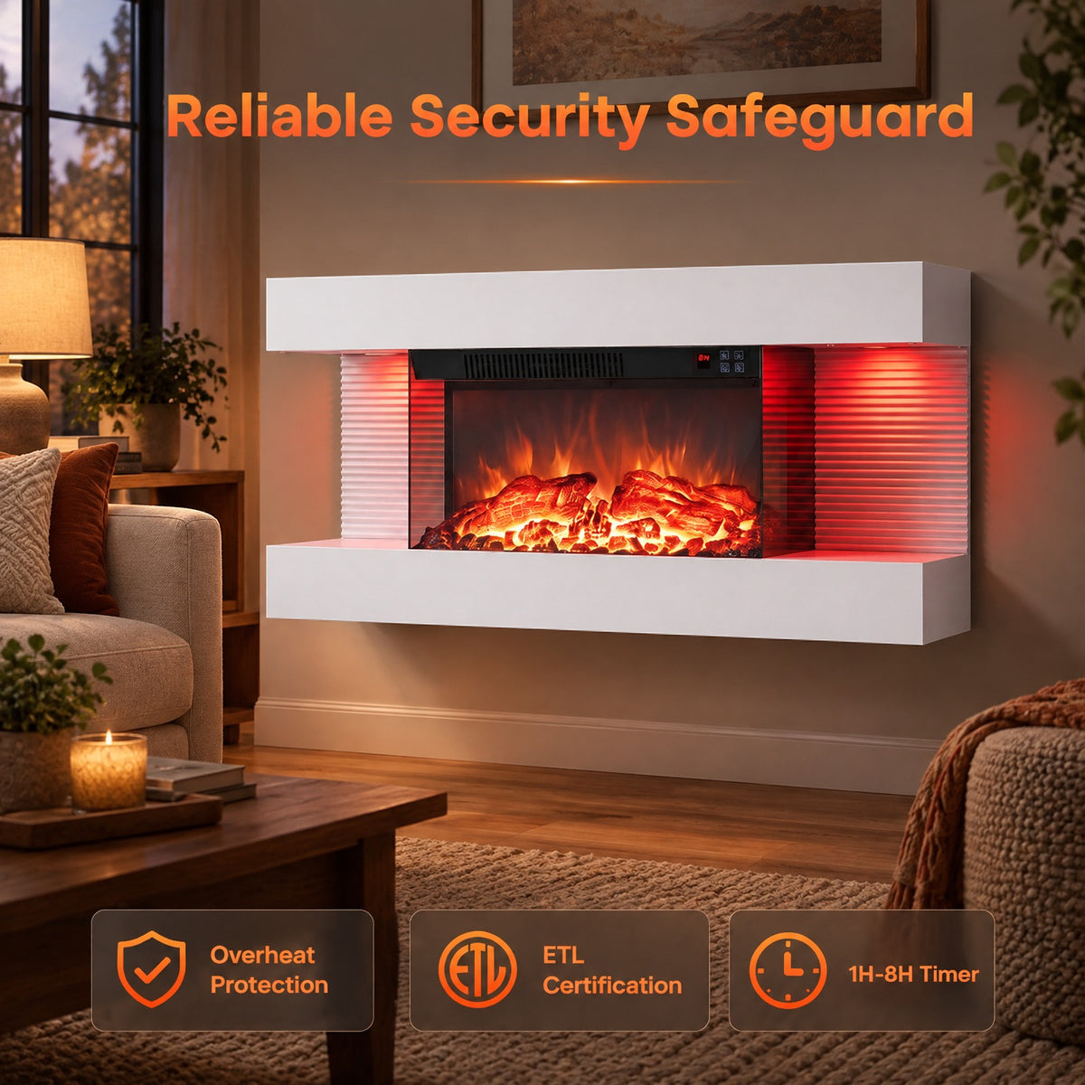 Airfind 3-Sided White Wall Mount Electric WiFi Fireplace with Floating Mantel and 12 Flame Ambient Colors-32 inch, Metal Tempered Glass Frame, White