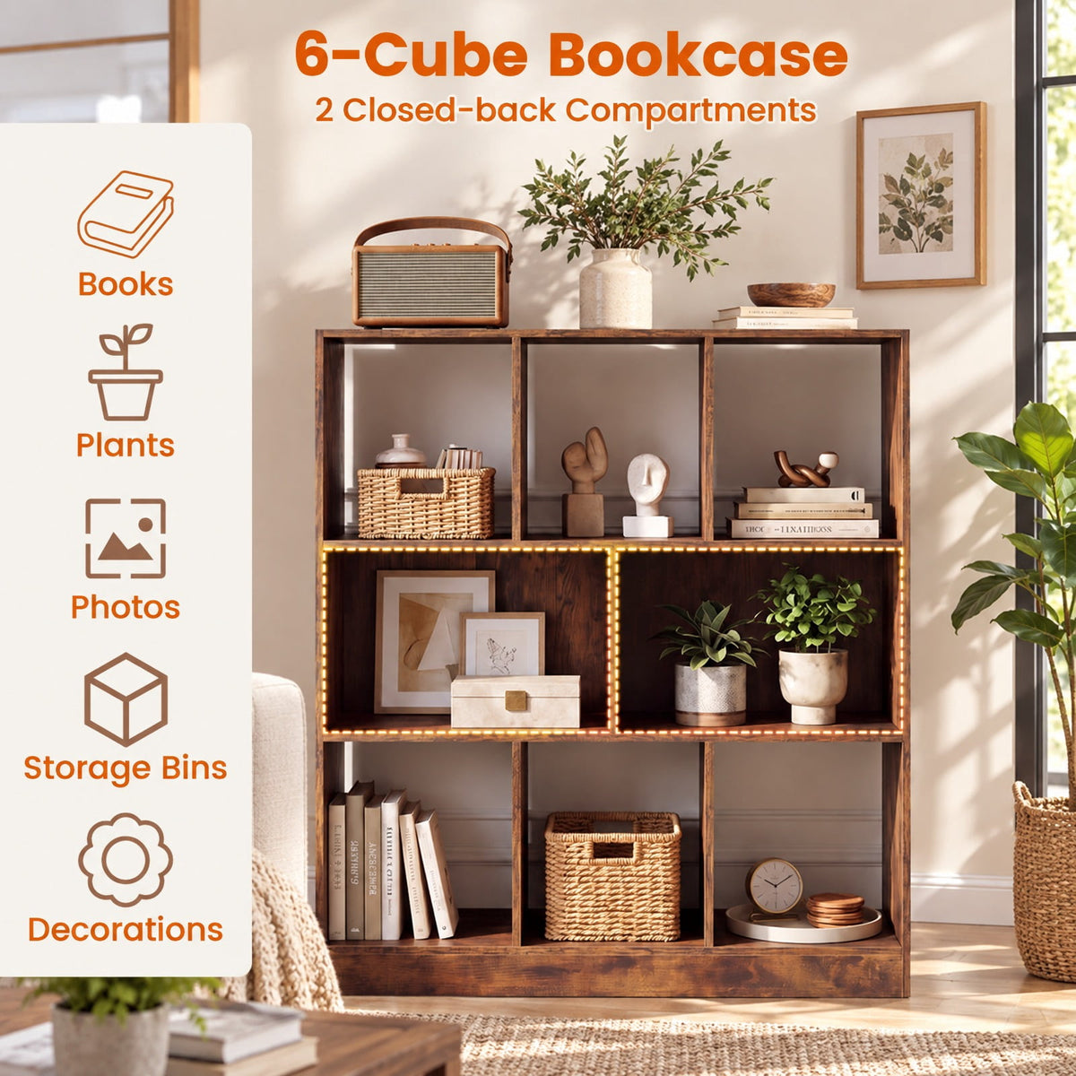 Airfind 8-Cube Bookcase 3-Tier with 2-Sized Compartments and Anti-Tip Kits for Living Room, 88 lbs Capacity, 35.5 x 11 x 39.5 Footprint, Brown
