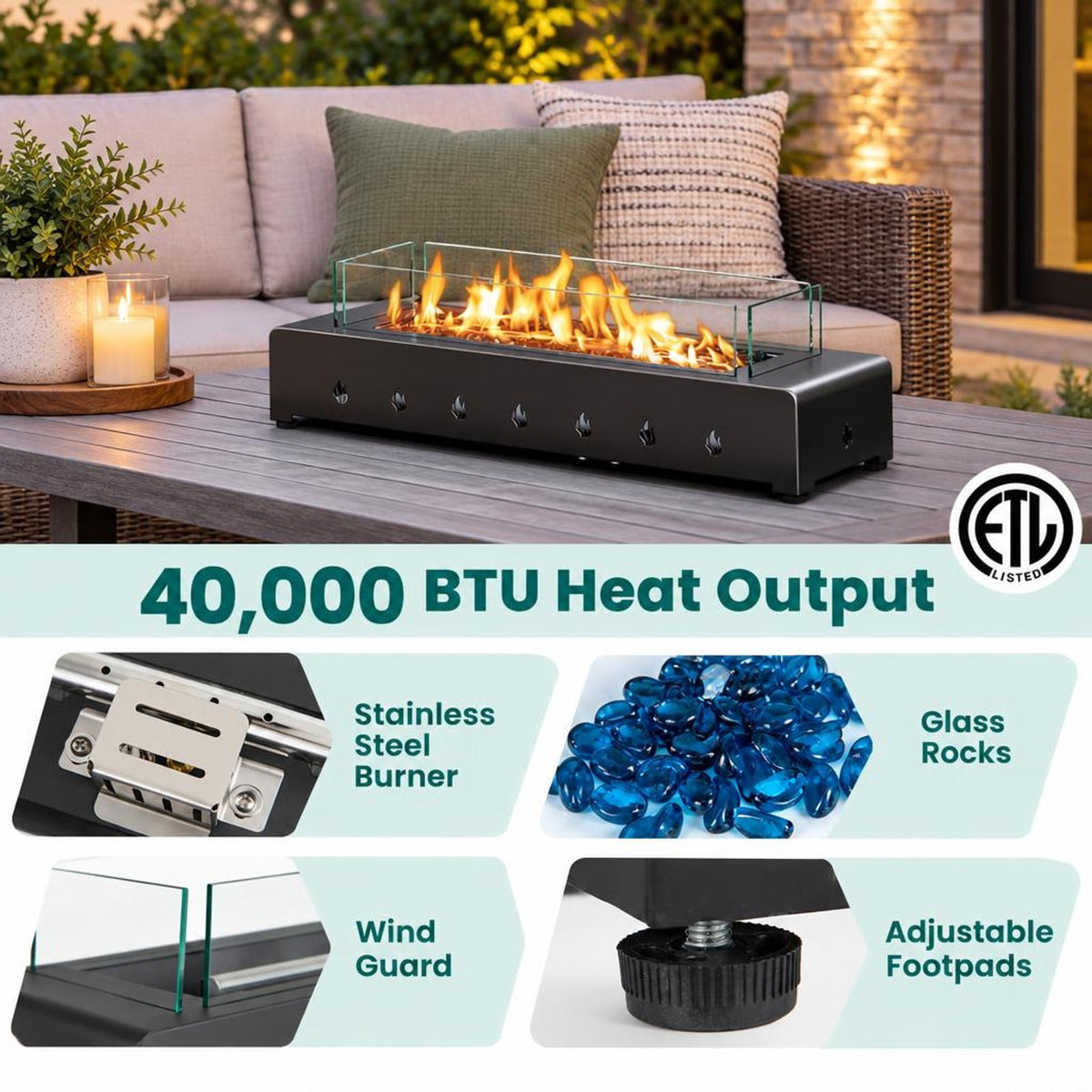 Airfind Portable Mini Fireplace with Wind Guard and Stainless Steel Burner, Metal Tempered Glass PU Glass Frame, Black