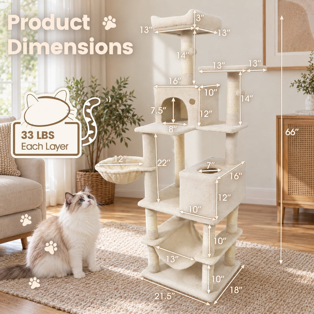 Airfind 66 Inch Tall Cat Tree Multi-Level Cat Tower with 2 Condos Sisal Scratching Posts, 33 lbs Capacity, Beige