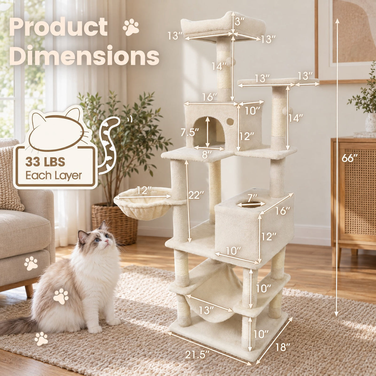 Airfind 66 Inch Tall Cat Tree Multi-Level Cat Tower with 2 Condos Sisal Scratching Posts, 33 lbs Capacity, Beige