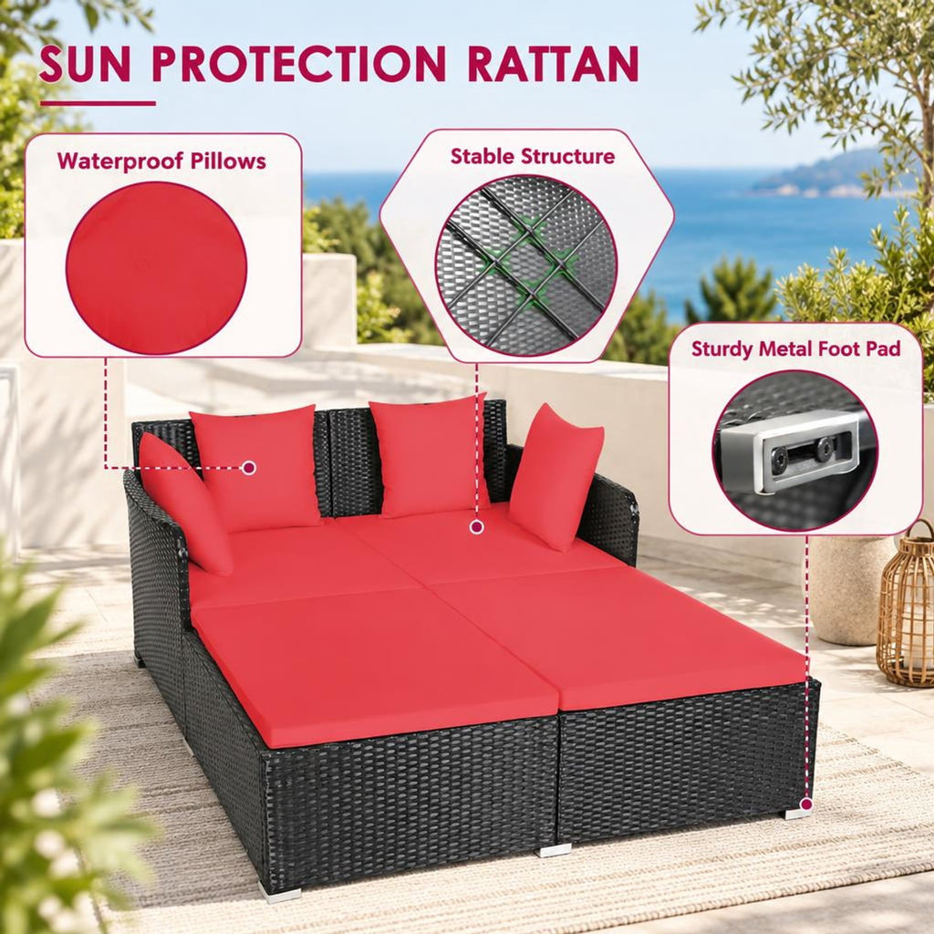 Airfind Spacious Outdoor Rattan Daybed with Upholstered Cushions and Pillows, 800 lbs Capacity, Rattan Steel Sponge Frame, Red