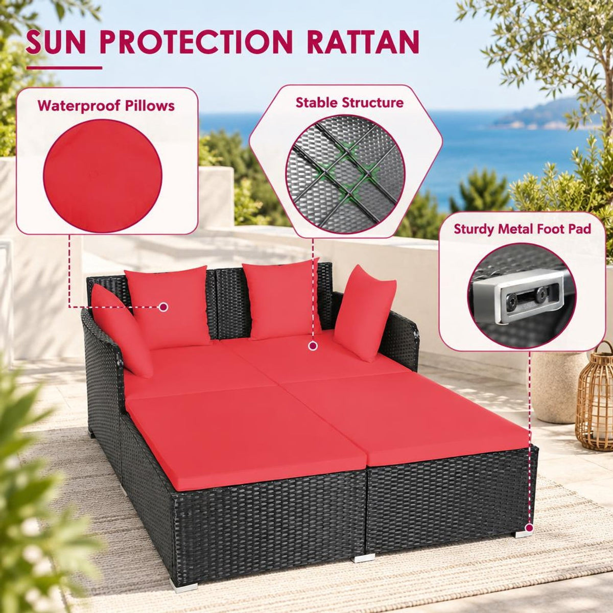 Airfind Spacious Outdoor Rattan Daybed with Upholstered Cushions and Pillows, 800 lbs Capacity, Rattan Steel Sponge Frame, Red