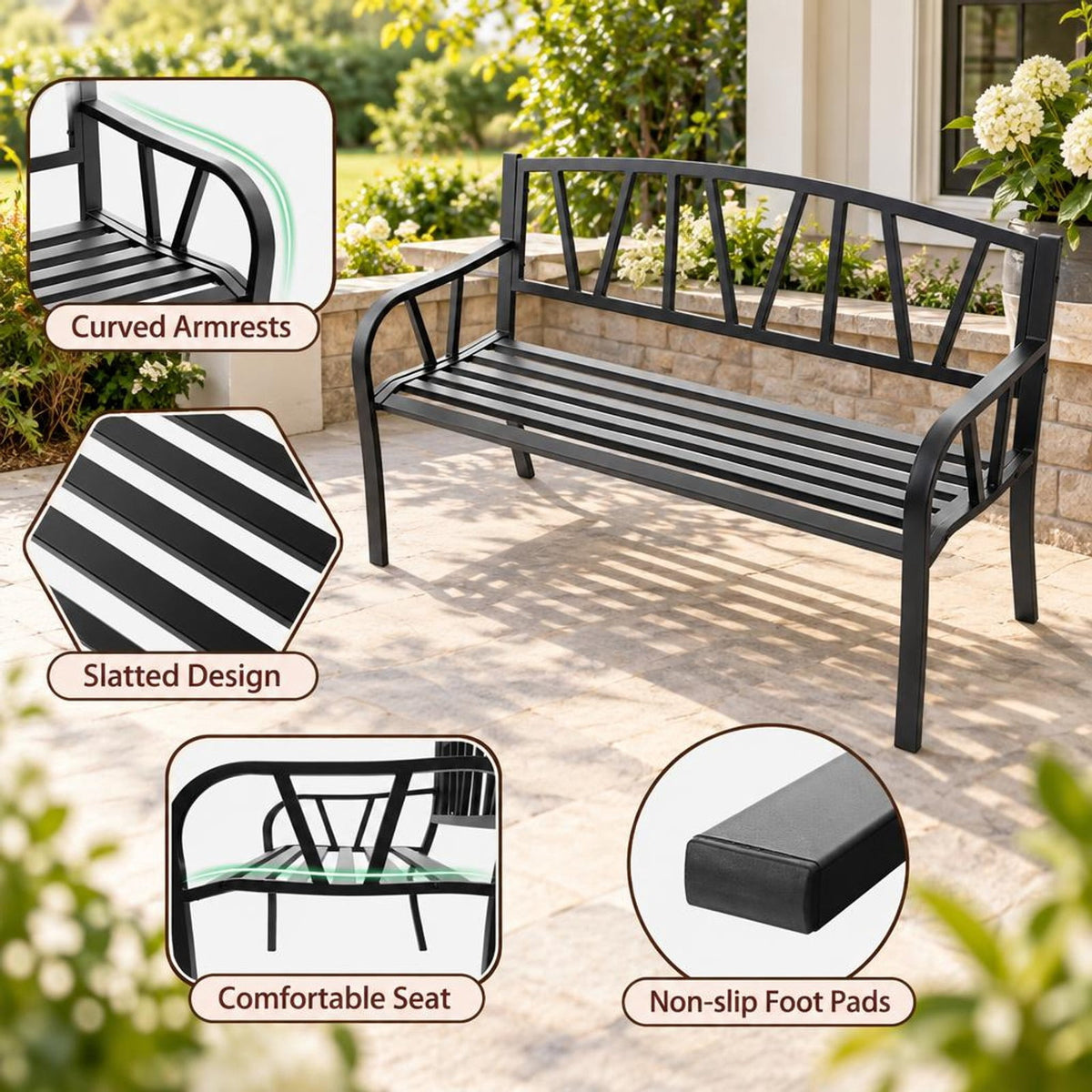 Airfind Patio Garden Bench with Metal Frame and Slatted Seat, 660 lbs Capacity, Metal Frame, Black, Slatted design for water drainage