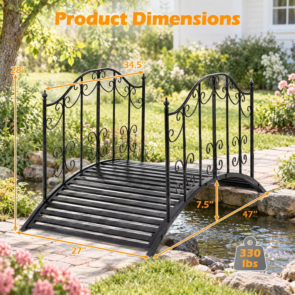 Airfind 3.9 ft Garden Metal Bridge with Dual Patterned Side Rails, 330 lbs Capacity, Metal Frame, 47 Inch x 27 Inch x 28 Inch Footprint, Black