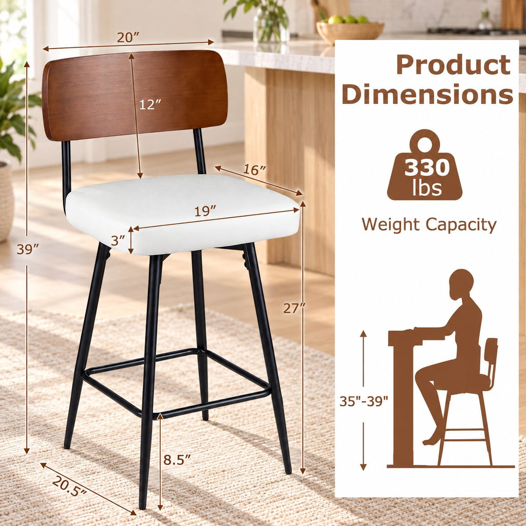 Airfind 27 Inch Padded Counter, Barstools Set of 2 with Metal Legs, 330 lbs Capacity, Metal Plywood PU Leather Sponge Frame, White