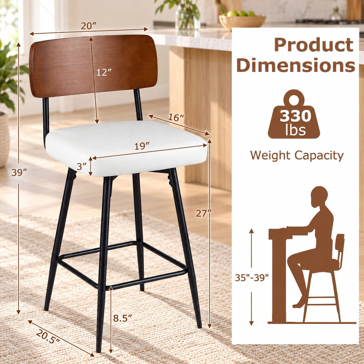 Airfind 27 Inch Padded Counter, Barstools Set of 2 with Metal Legs, 330 lbs Capacity, Metal Plywood PU Leather Sponge Frame, White