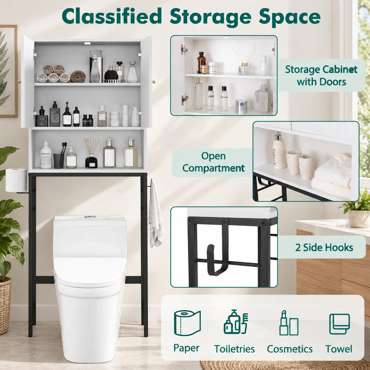 Airfind Over The Toilet Storage Cabinet, with 2 Doors and Adjustable Shelf, ?Metal Particle Board Item weight: 38.5 lbs Frame, White