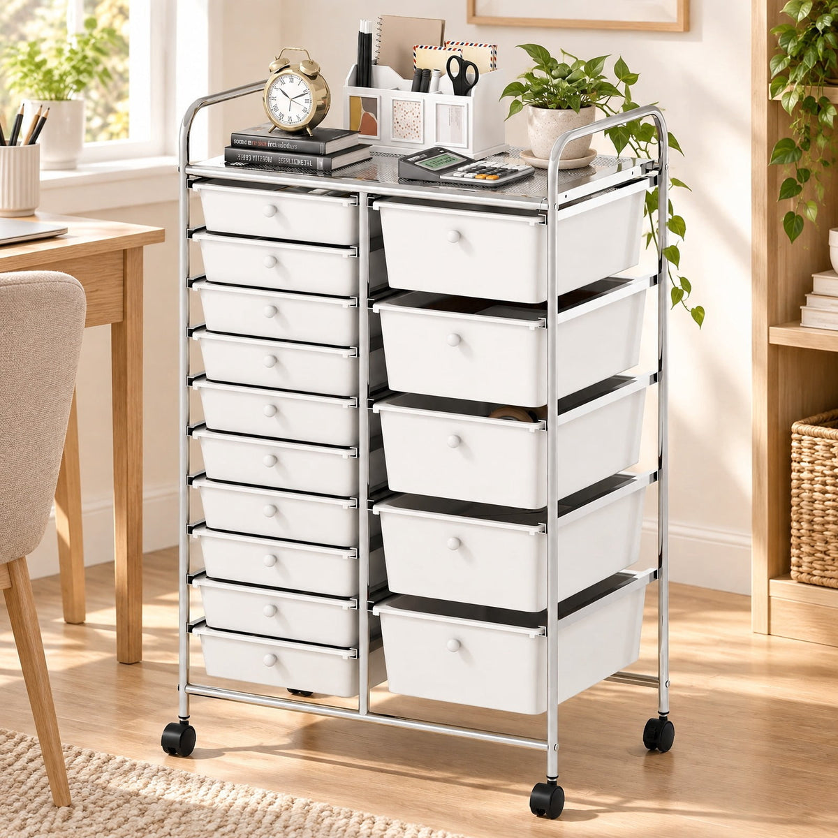 Airfind 10-Drawer Rolling Storage Cart-Beige and Gray, 22 lbs Capacity, Metal PP Frame, 26in x 14.5in x 34in Footprint, Beige