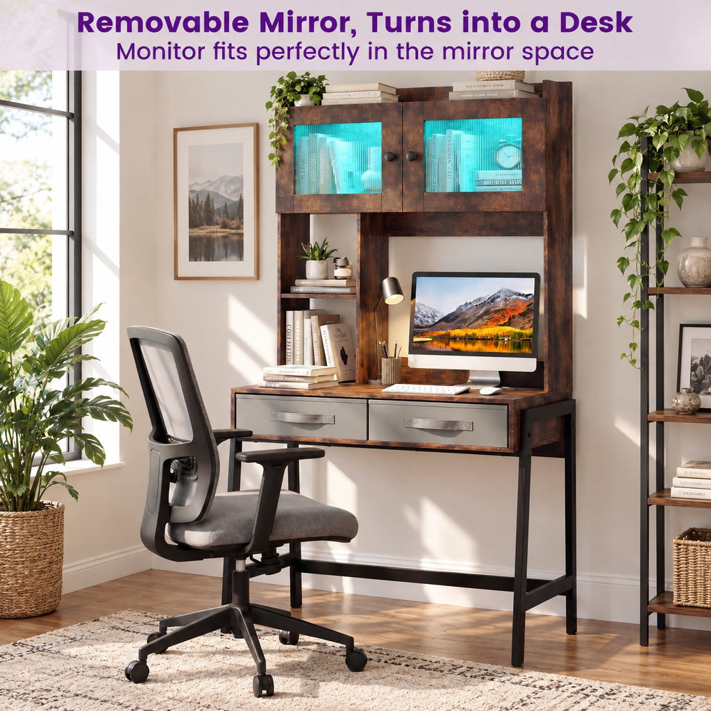 Airfind Vanity Desk with Rotatable Mirror and Lights Modern Dressing Table with 3 Light Colors, Engineered Wood Frame, 32.5 Inch x 21.5 Inch x 67 Inch Footprint