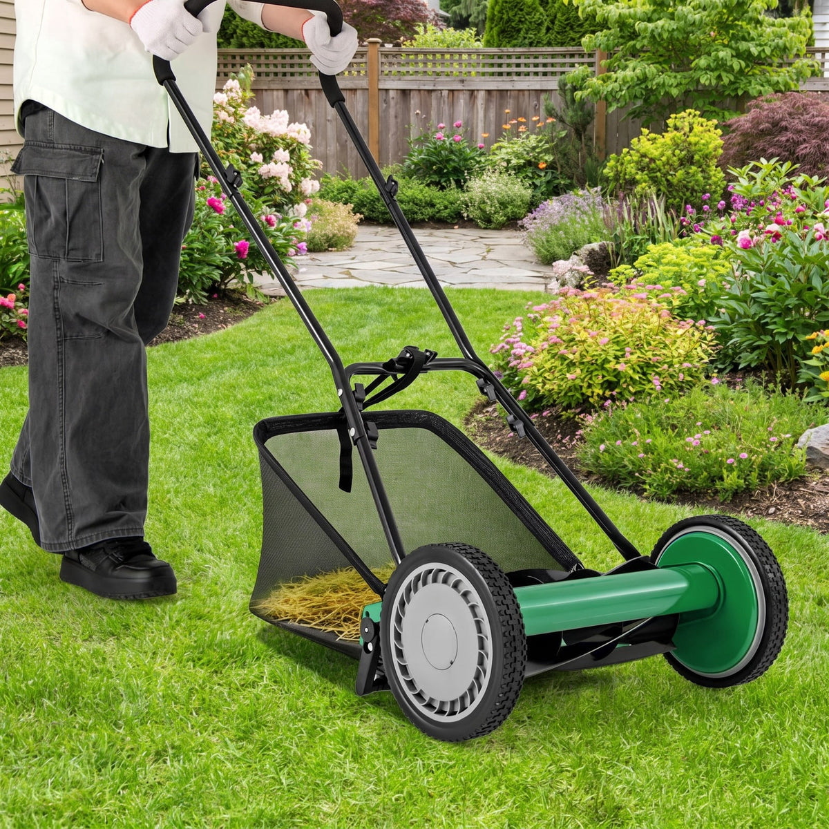 Airfind 16 Inch Push Lawn Mower with 5 Steel Blades and Grass Catcher Bag, Manganese Steel Metal PVC PP Frame, Green