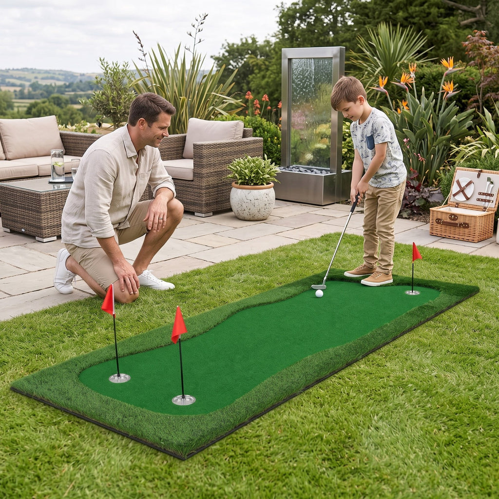 Airfind 10 x 3.5ft Golf Putting Green Mat with 3 Hole Cups and 3 Flags, Indoor Outdoor Practice Putting Training Turf for Home Backyard Garage Office, Green