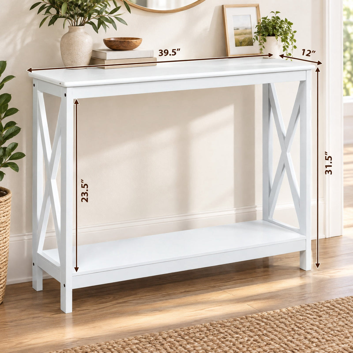 Airfind 2-Tier Console X-Design Sofa Side Accent Table, 66 lbs Capacity, P2 MDF Frame, 39.5 x 12 x 31.5 Footprint, White