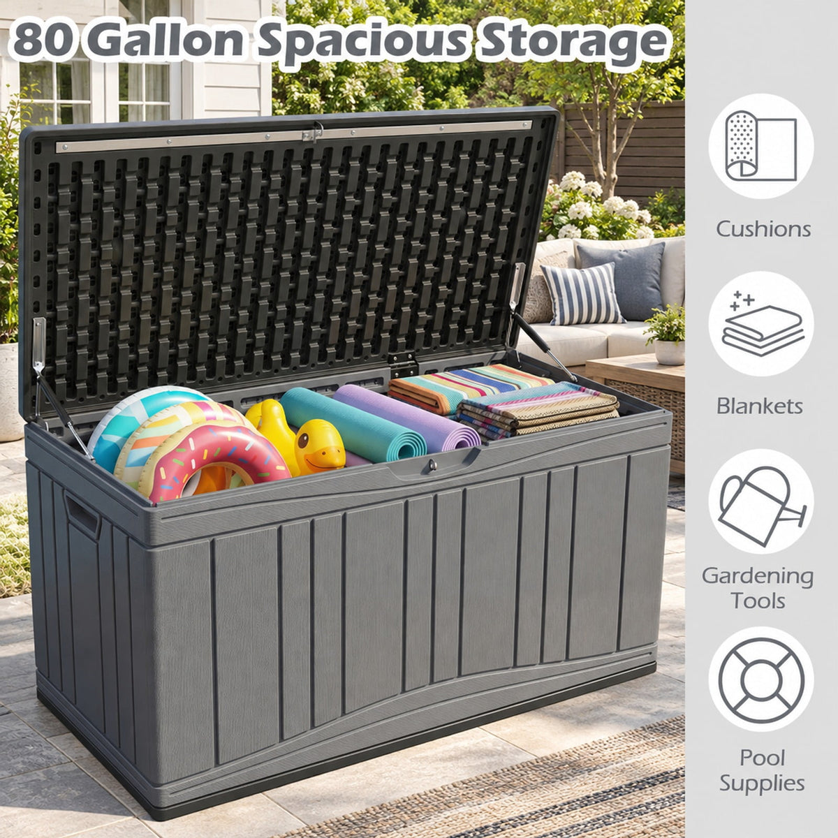 Airfind 80 Gallon Outdoor Deck Box with Lockable Lid for Garden Tools Cushions, 45 x 22 x 24Inner Footprint, Gray