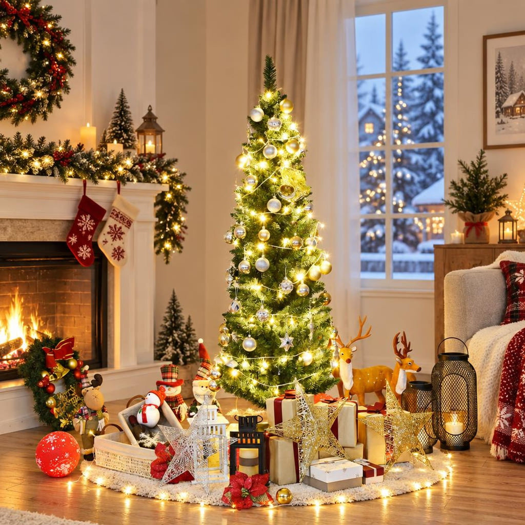 Airfind PVC Artificial Slim Pencil Christmas Tree-5 Feet, PVC iron 5 Ft: Frame, 2ft x 5ft Footprint, Green