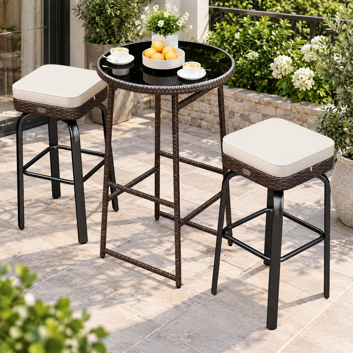 Airfind 3 Pieces Outdoor Swivel Bar Set PE Rattan Bar Height Table with 2 Chairs, PE Rattan Metal Tempered Glass Polyester Sponge Frame, White