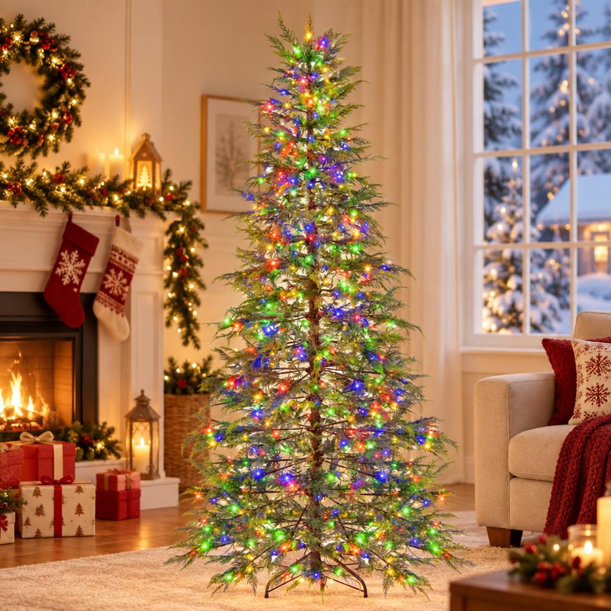 Airfind 7.5 Feet Artificial Christmas Tree with Branch Tips and Colorful LED Lights, Green, a light controller for convenient operation