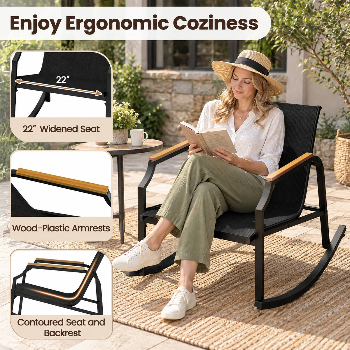 Airfind 3 Piece Patio Rocking Bistro Set with Tempered Glass Coffee Table and Armrests for Porch, Rocking Chair 330 lbs Capacity, Black