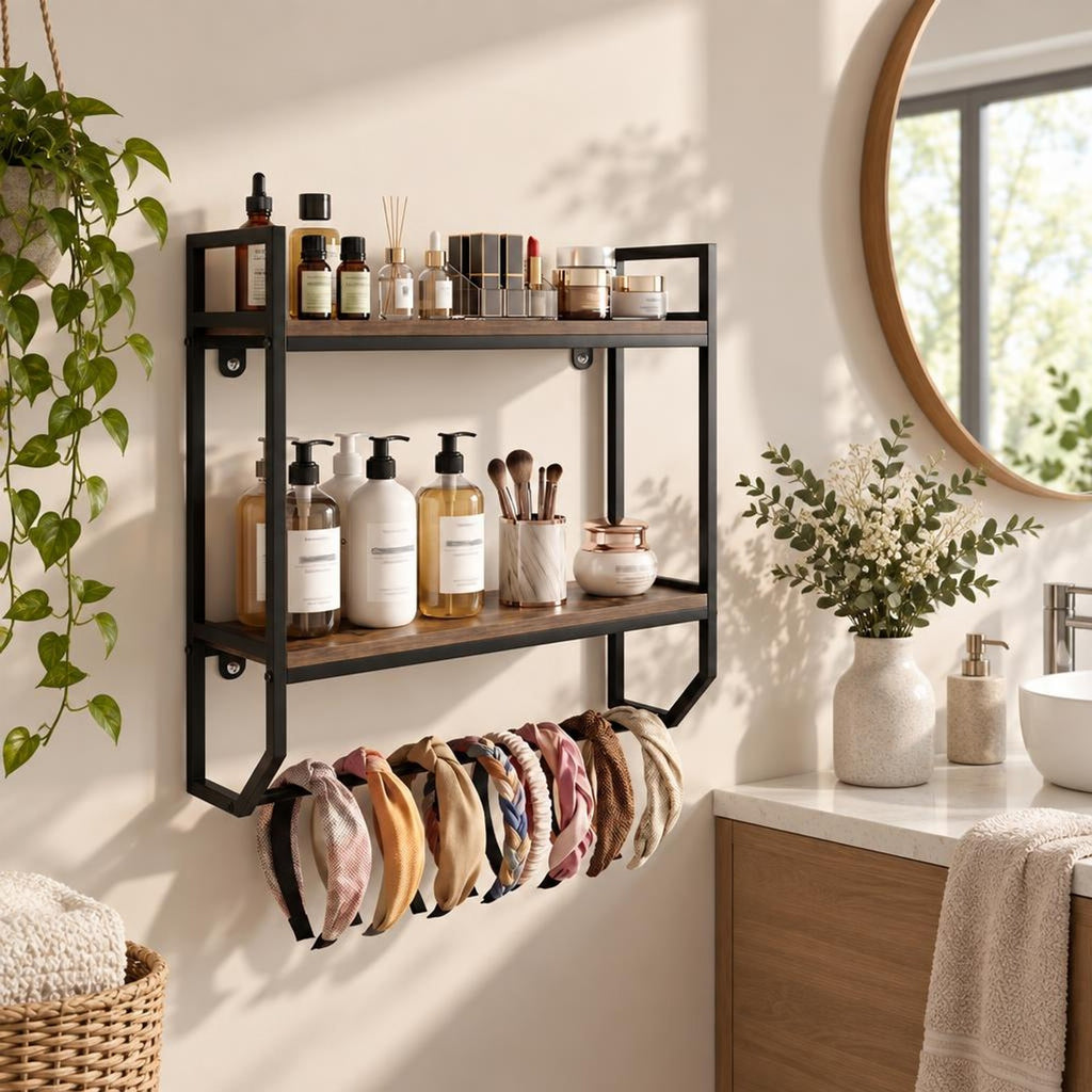 AIRFIND Bathroom Wall Shelf with Towel Bar, 2-Tier Over-Toilet Storage Rack with Metal Frame and 22 in Hanging Rail, 23 in Wide, Gray