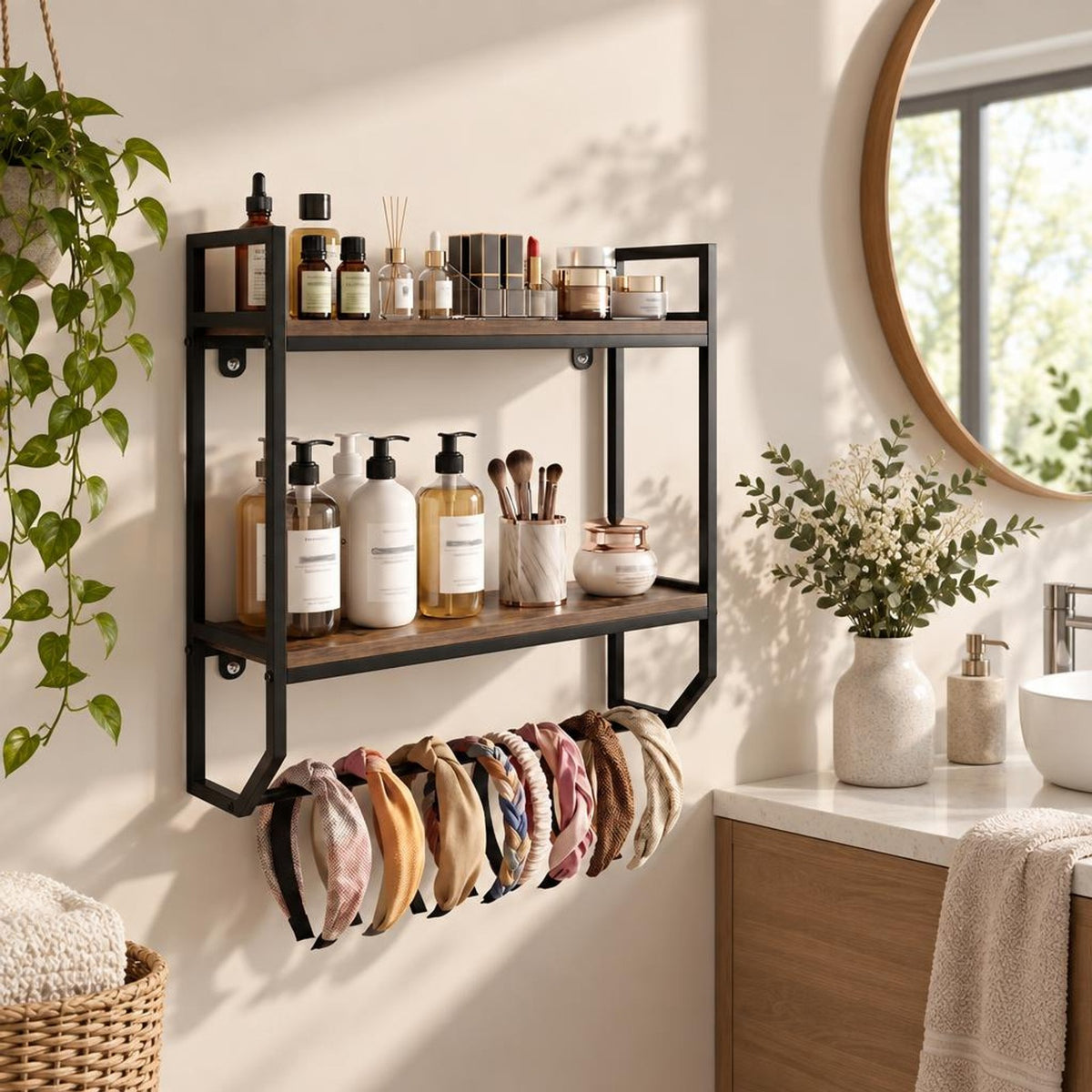 AIRFIND Bathroom Wall Shelf with Towel Bar, 2-Tier Over-Toilet Storage Rack with Metal Frame and 22 in Hanging Rail, 23 in Wide, Gray