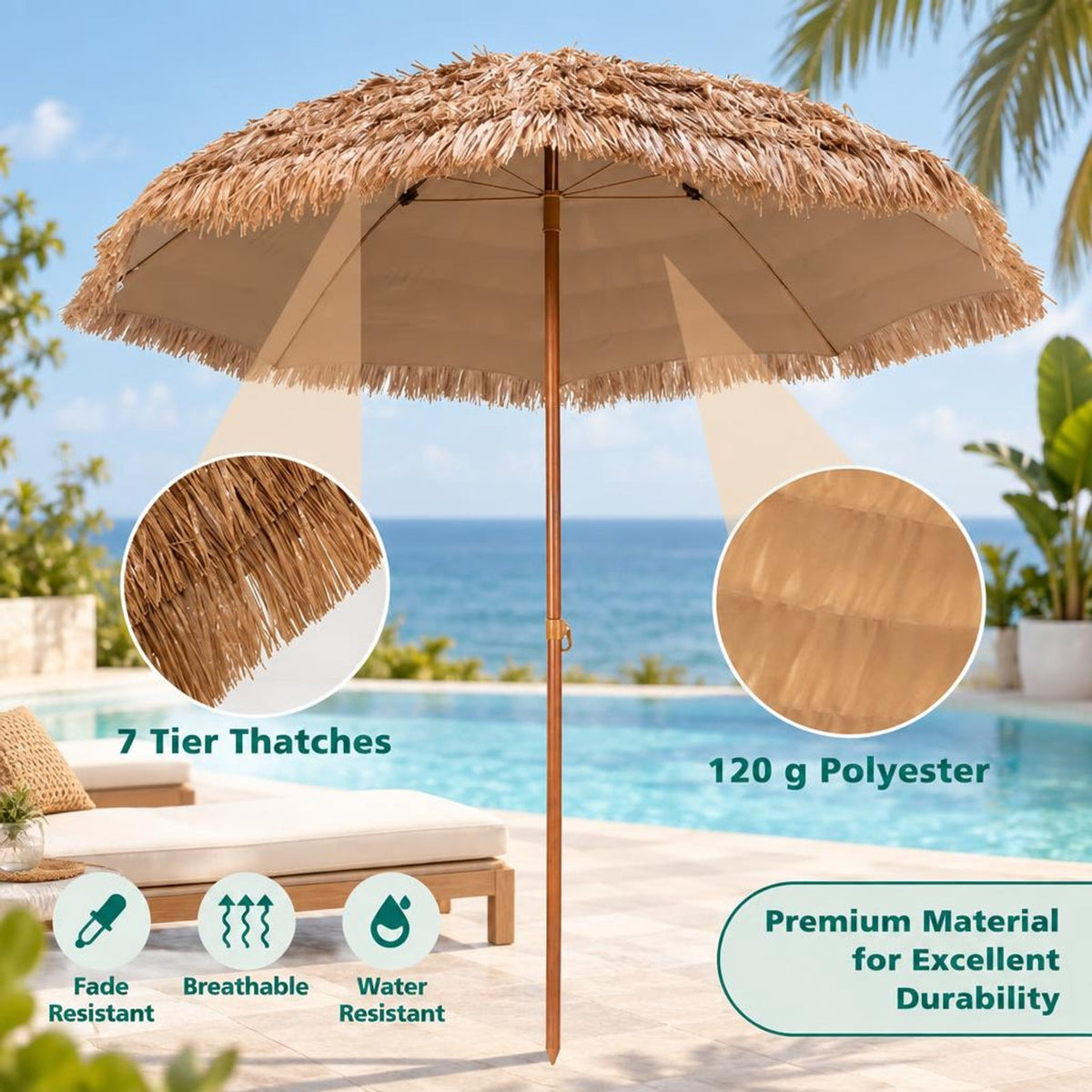 Airfind 8 Feet Patio Thatched Tiki Umbrella Hawaiian Hula Beach Umbrella, Thatch steel Frame, 8 ft x 7.3 ft Footprint, Natural