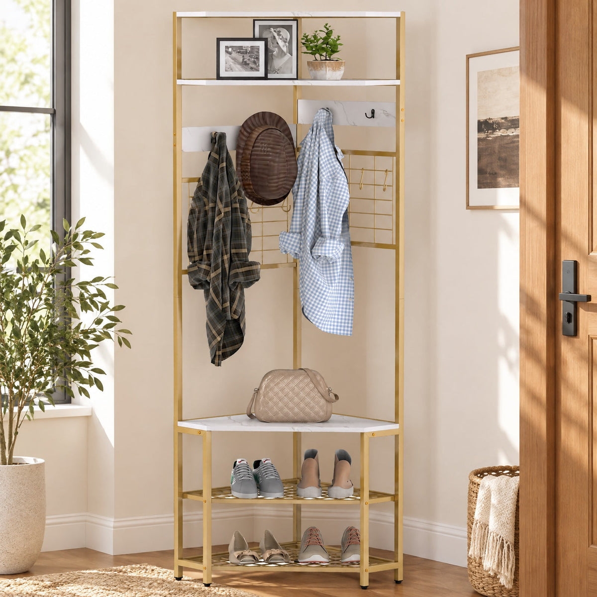 Airfind 5-Tier Corner Hall Tree with Shoe Storage Bench, 22 lbs Capacity, Engineered Wood Metal Frame, White