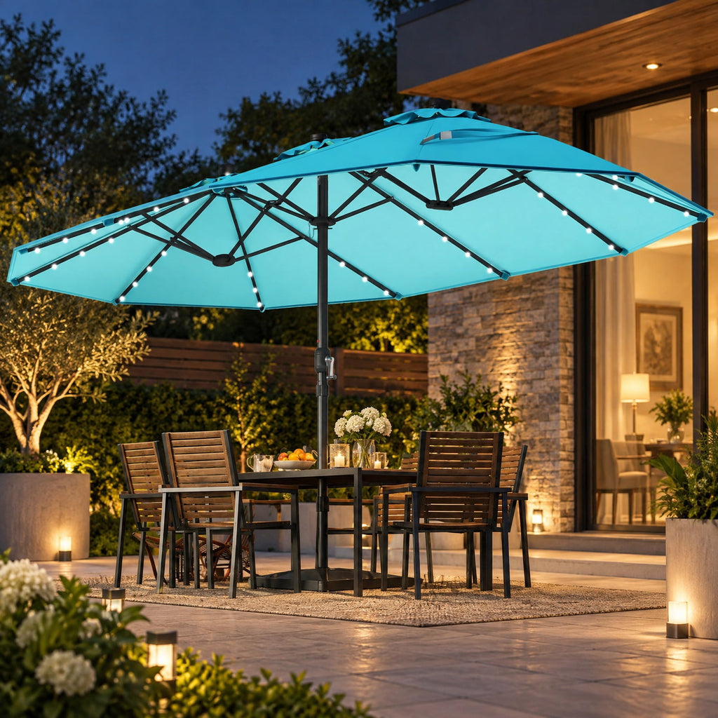 Airfind 15 Feet Double, Sided Patio Umbrella with 48 LED Lights, Turquoise, 48 LED lights are powered by a top solar panel, for Indoor and Outdoor Use