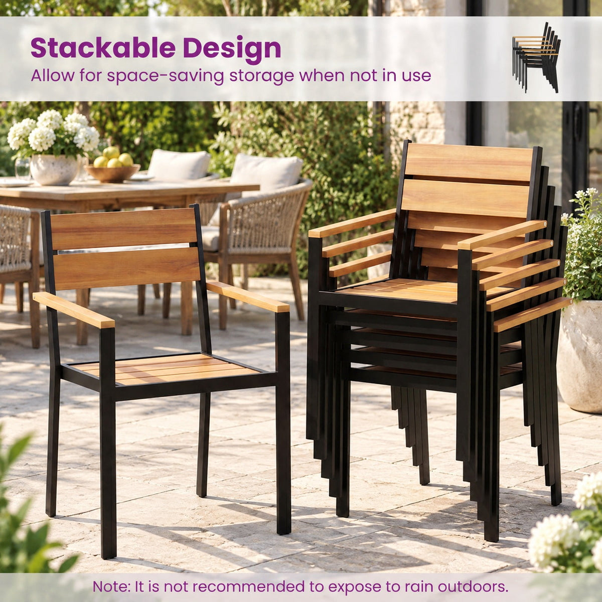 Airfind 2 piece Outside Patio Dining Chair with Acacia Armrest for Backyard Garden, 400 lbs Capacity, Acacia Metal Frame, Brown Black