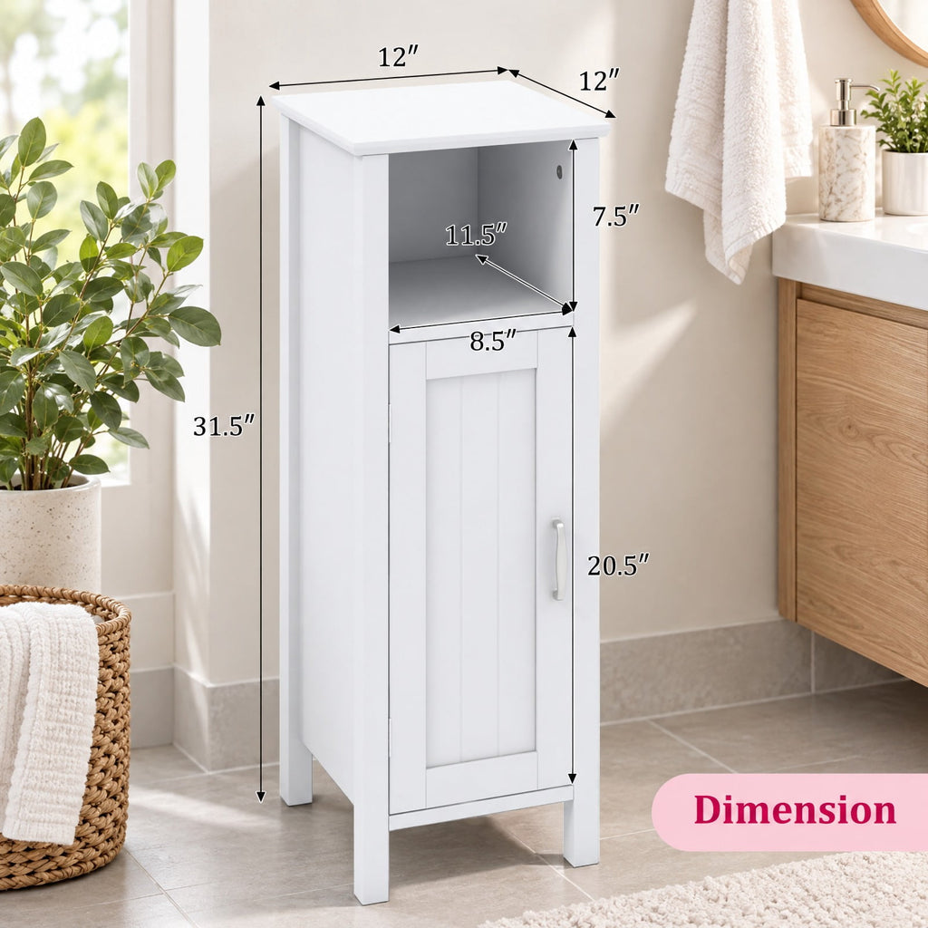 Airfind 1-Door Freestanding Bathroom Cabinet with Open Shelf, 66 lbs Capacity, MDF Frame, 12in x 12in x 31.5in Footprint, White