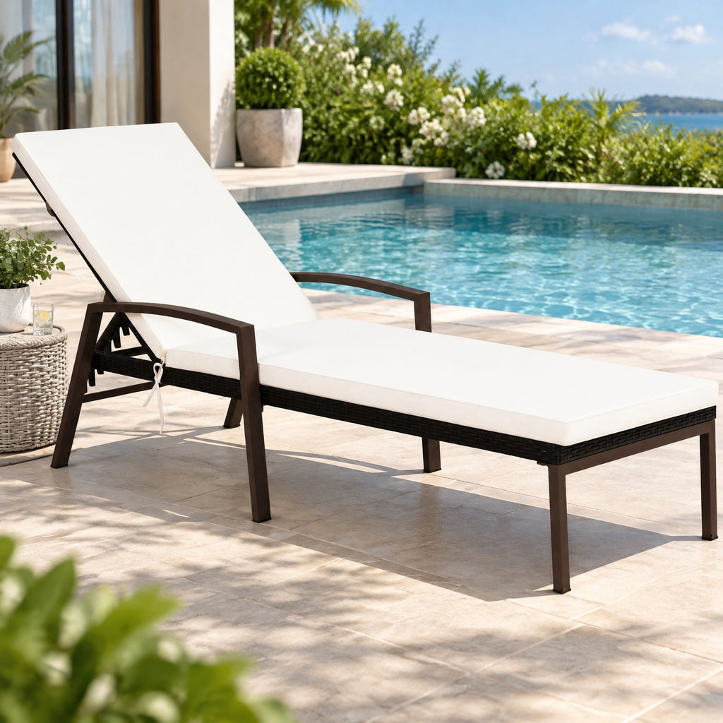 Airfind 2 Pieces Patio Rattan Adjustable Back Lounge Chair with Armrest and Removable Cushions, 400 lbs Capacity, Steel Rattan Frame, White
