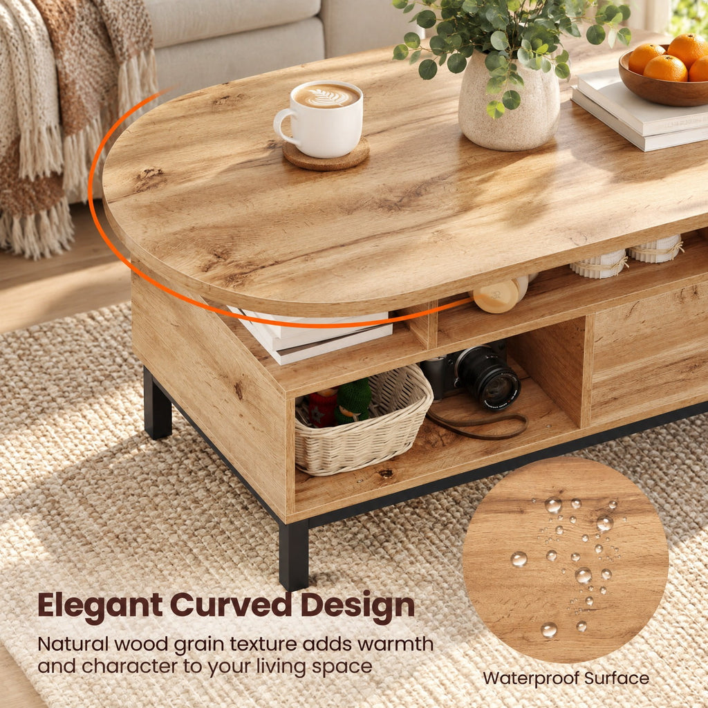 Airfind 47 Inch Oval Coffee Table with Storage and Open Compartments for Living Room, 110 lbs Capacity, Engineered Wood MDF Frame, Natural