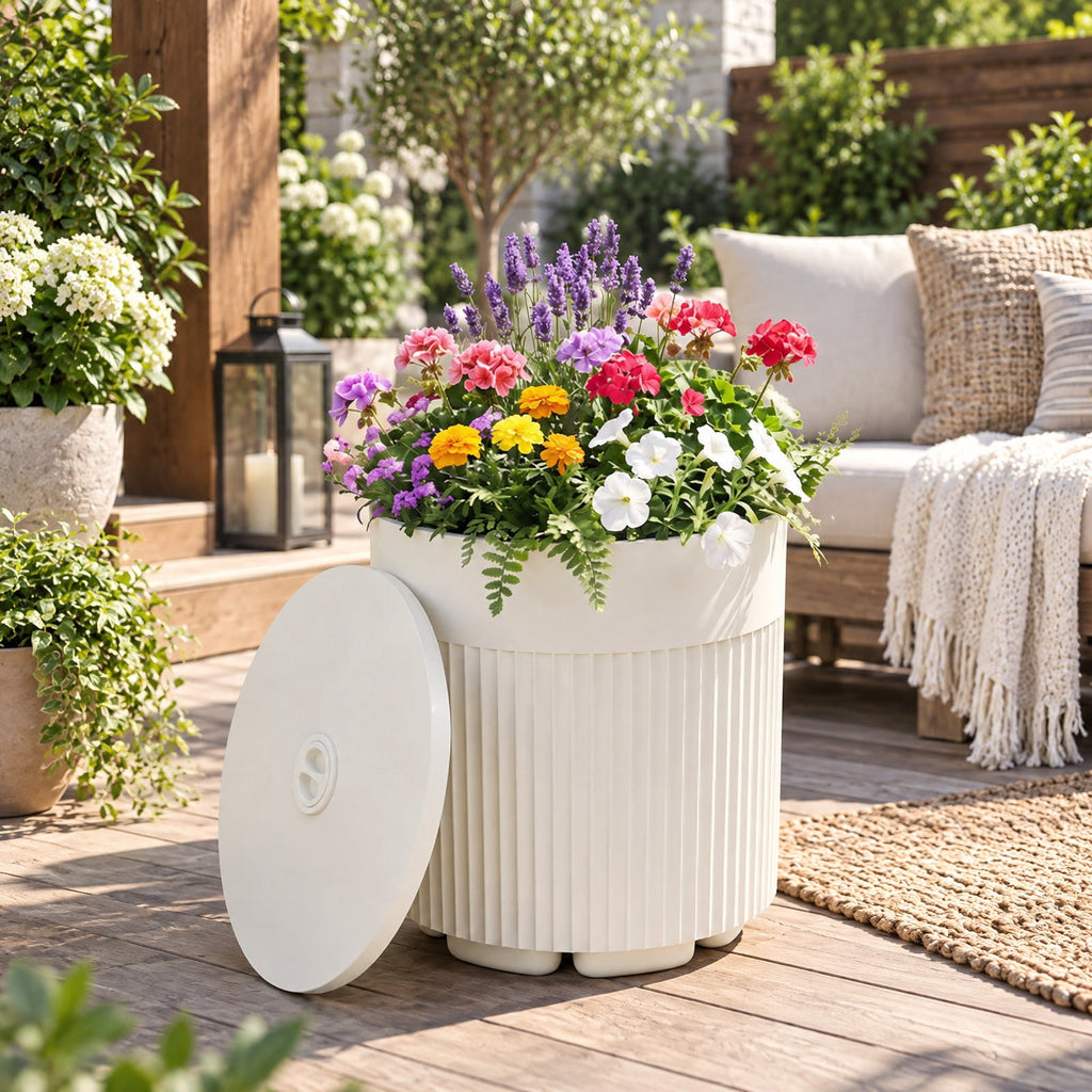 Airfind 3-in-1 Outdoor HDPE Umbrella Base, Cooler and Side Table with Water Bag and 2 Umbrella Hole for Patio, 15 x 15 x 17, White