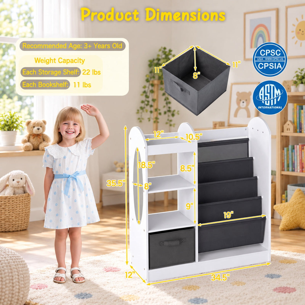 Airfind Toy Storage Organizer with 4-Tier Sling Shelves, 22 lbs Capacity, MDF Pine Wood Fabric Frame for Everyday Use, White