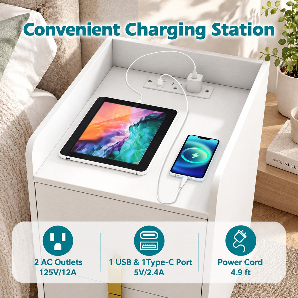 Airfind Nightstand Side Tables with 2 Drawers and Charging Station with 3 AC Outlets and 2 USB Ports, Engineered Wood MDF Metal Frame, 16 Inch x 12.5 Inch 23.5 Inch Drawer Internal Footprint, White